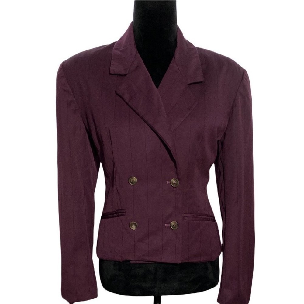 Ann Taylor 10 Blazer Jacket Vintage‎ Burgundy 100% Wool Button Black Pin Stripe